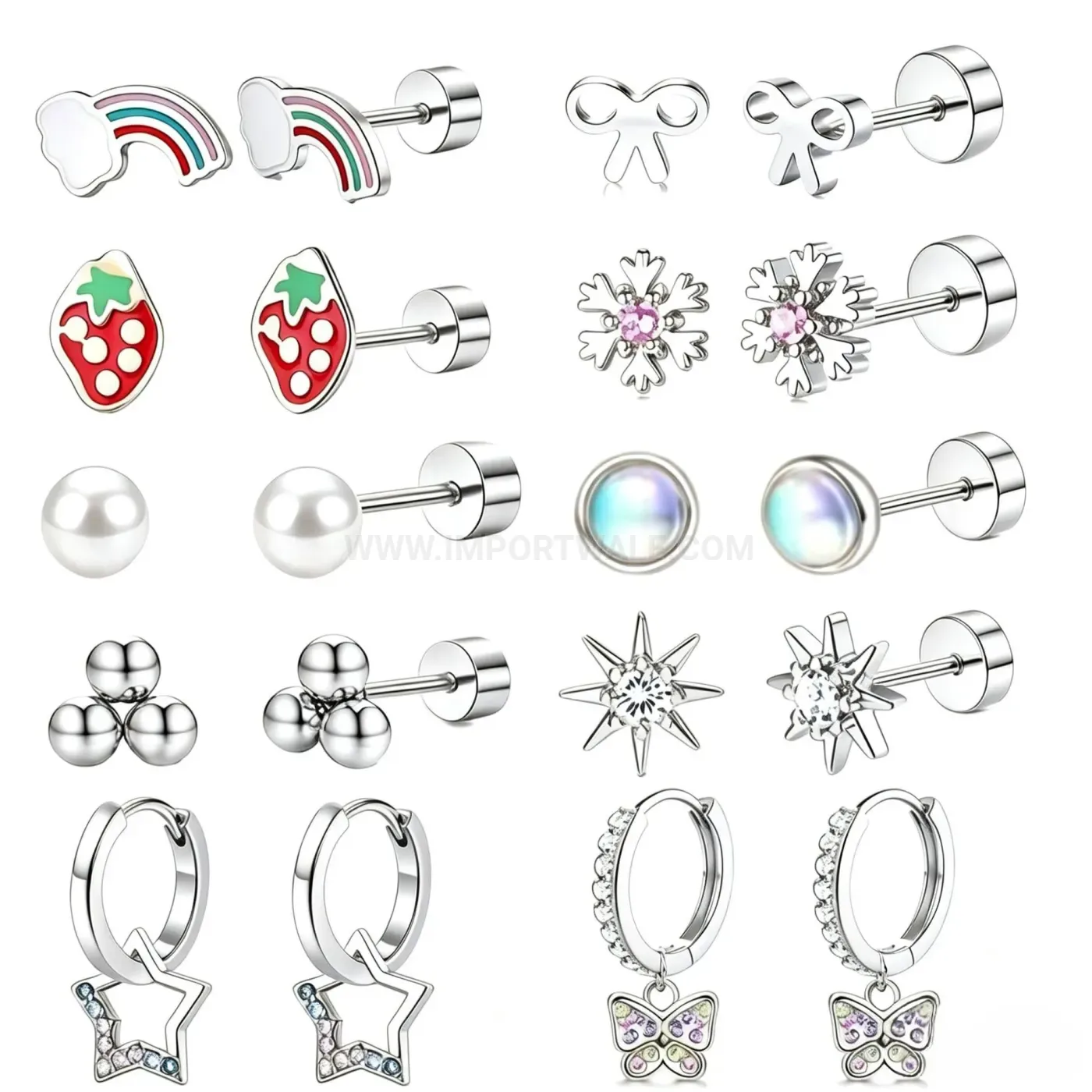 Chic Stainless Steel Pink Zircon Heart Butterfly Flower Piercing Earring Set