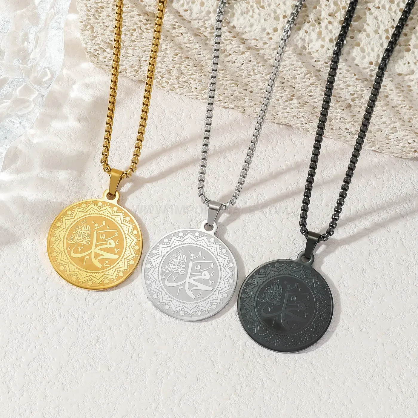 Elegant Stainless Steel Arabic Calligraphy Medallion Pendant Necklace