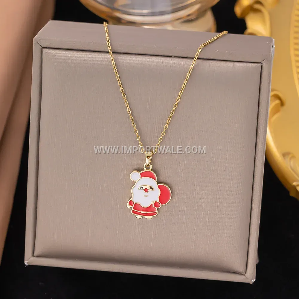 Festive Gold Plated Stainless Steel Christmas Pendant Link Chain Necklace