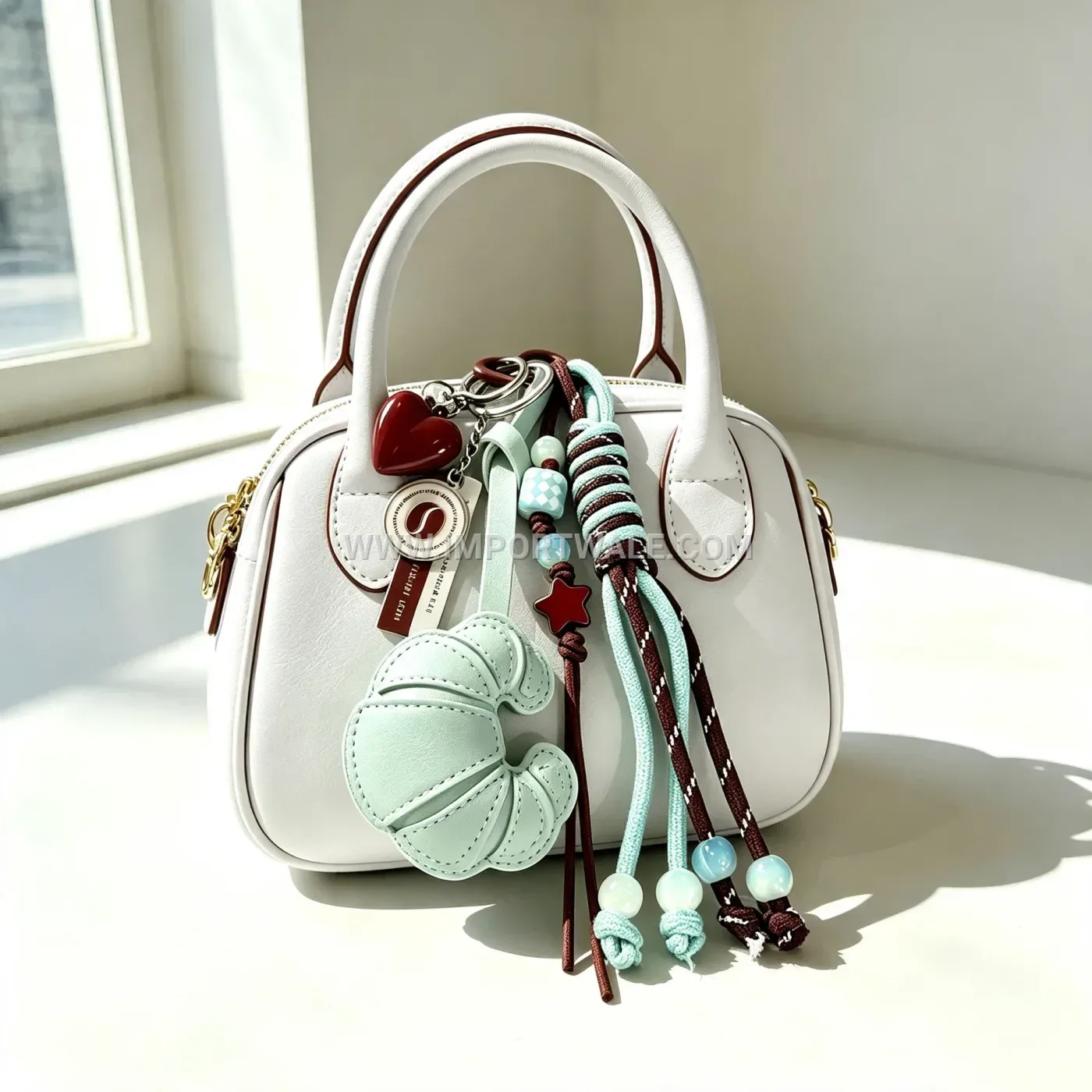 Leather Croissant and Beaded Heart Bag Charm