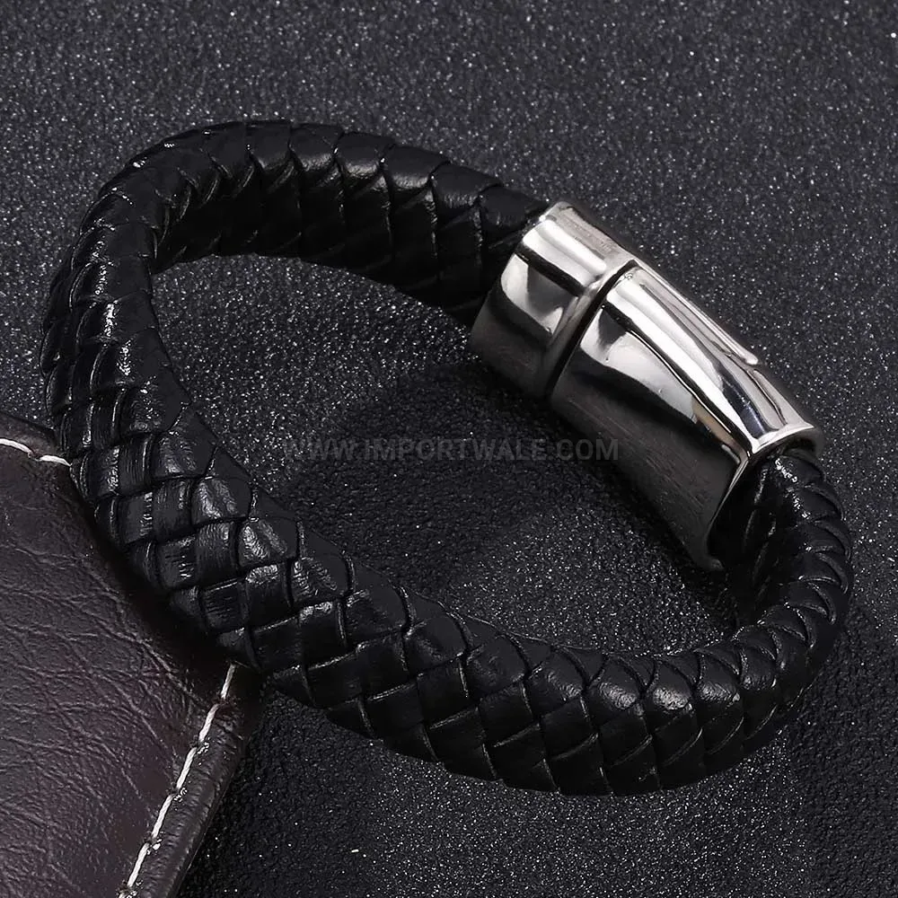 Vintage Black Leather Bracelet with Stainless Steel Magnetic Clasp