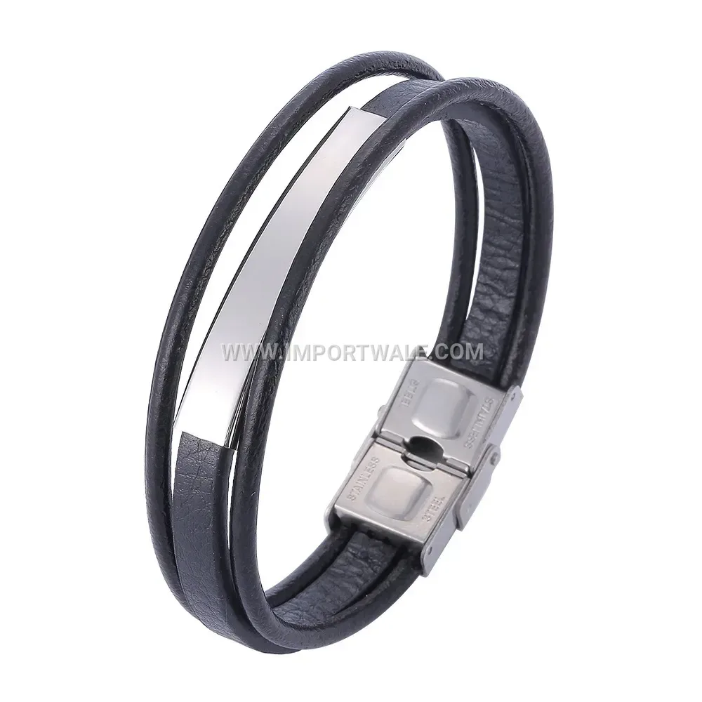 Retro Geometric Stainless Steel Leather Cuff Bracelet