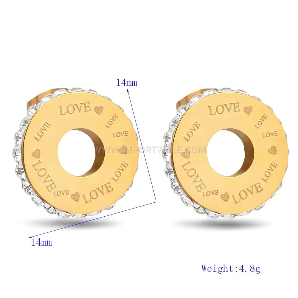 Gold Plated Stainless Steel Round Love Engraved Stud Earrings