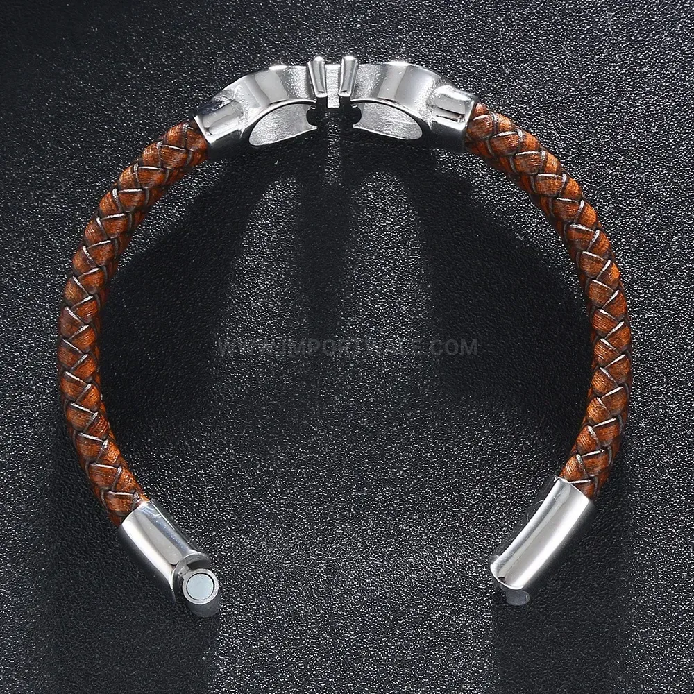 Braided Brown Leather Wristband with Stainless Steel Accents