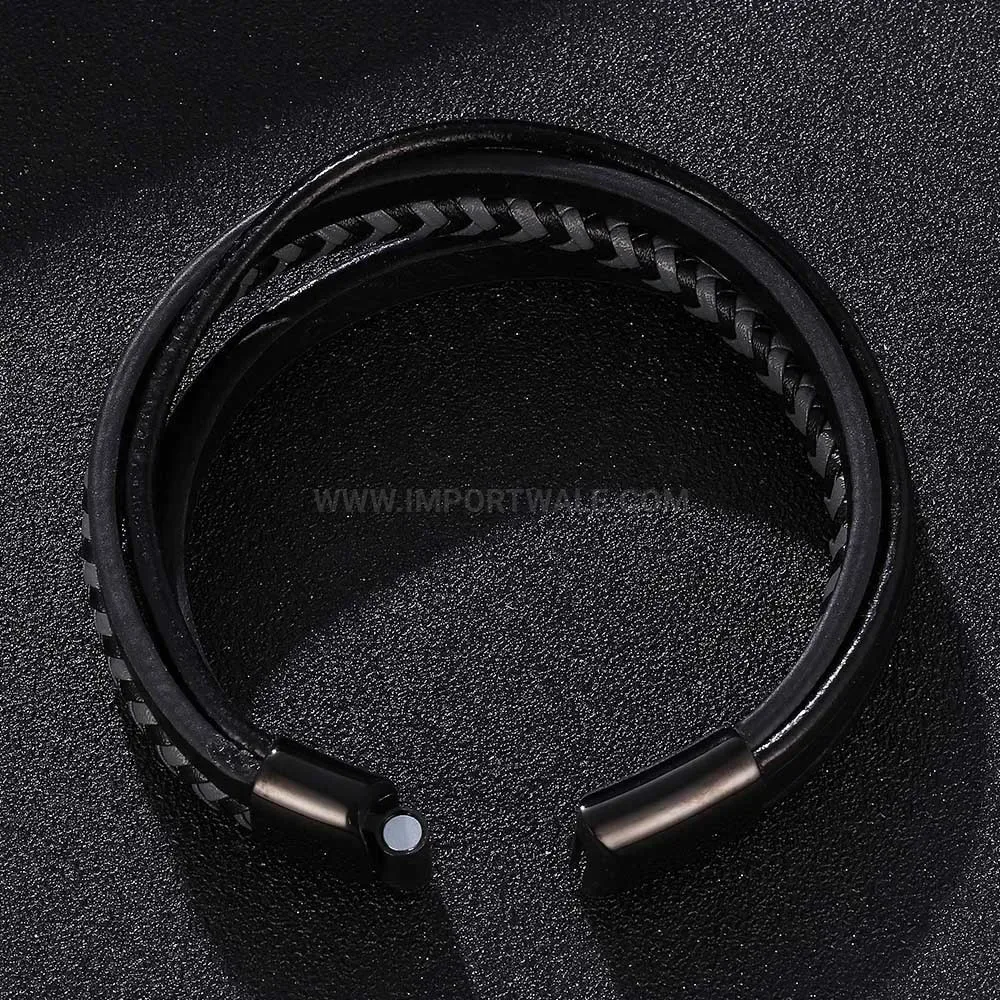 Braided Black Leather Multi Strand Bracelet with Black Magnetic Clasp