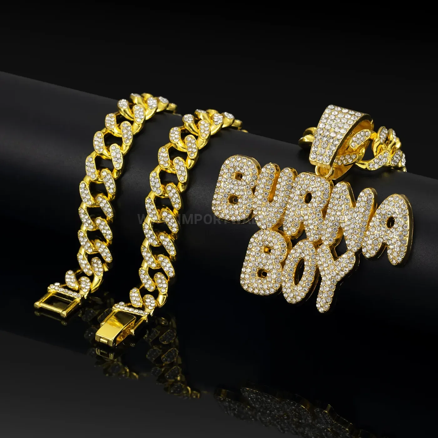 Stylish Rhinestone Burna Boy Letter Pendant Cuban Chain Necklace
