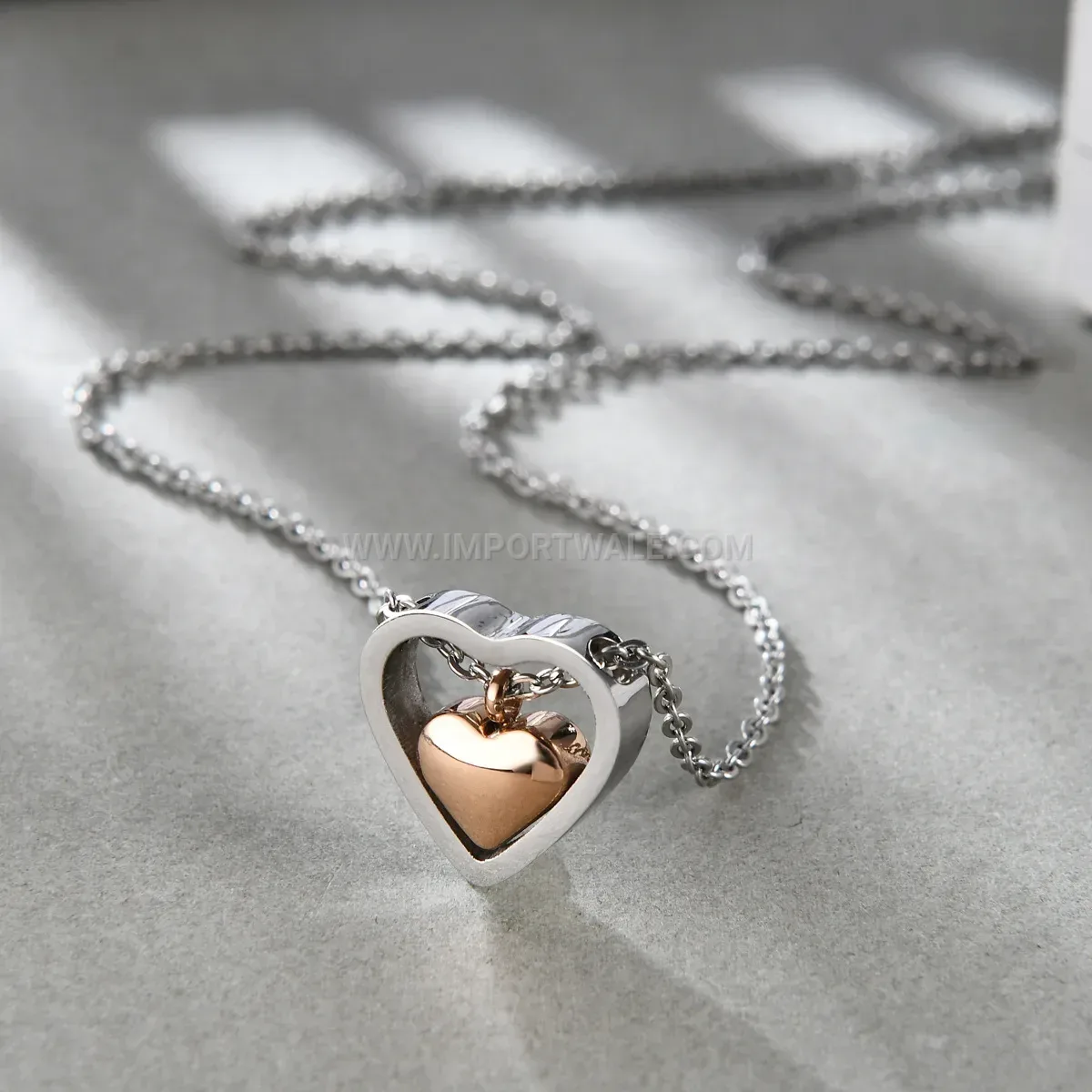 Stainless Steel Layered Cutout Double Heart Pendant Necklace
