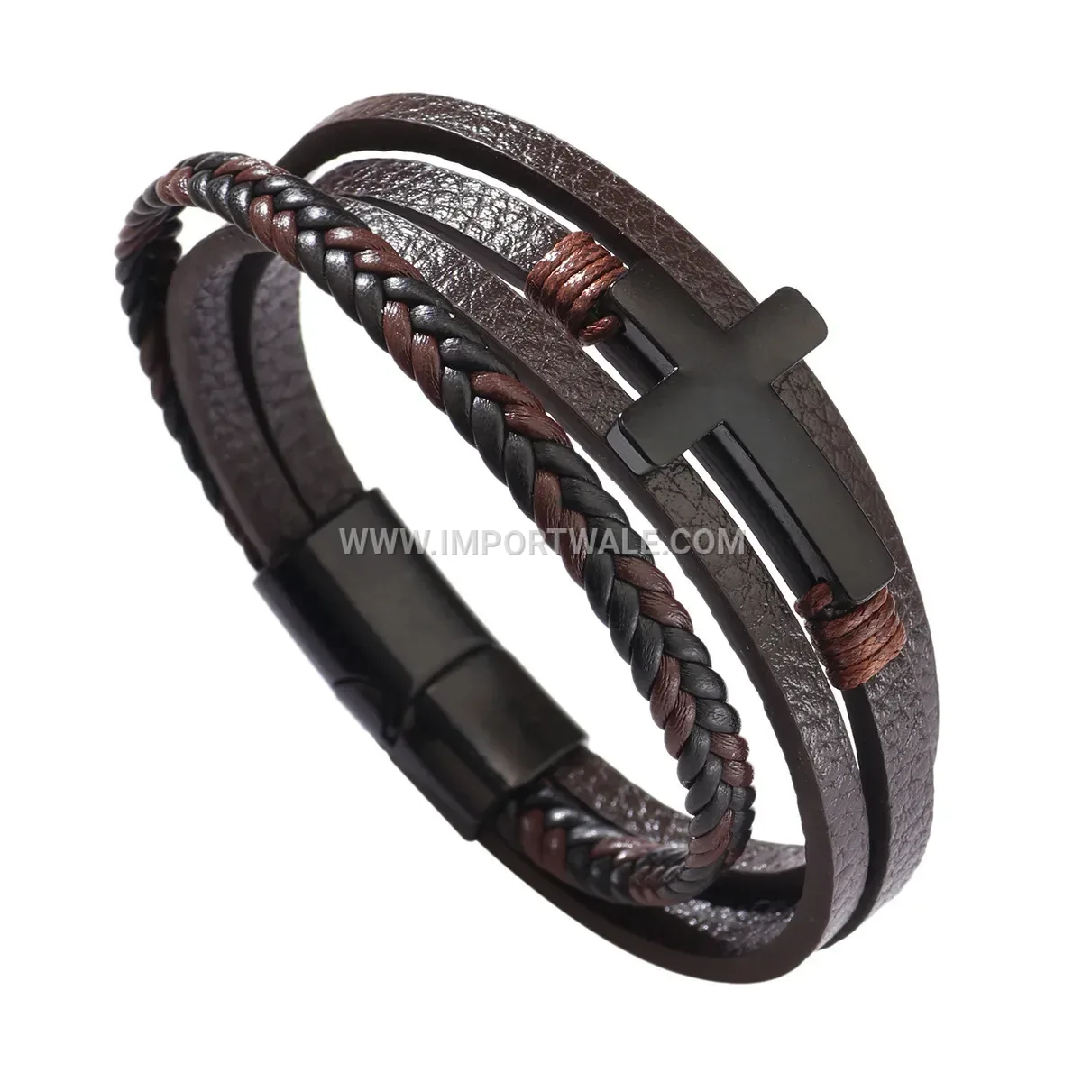 Multi-Strand Woven Leather Cross Bracelet with Magnetic Clasp