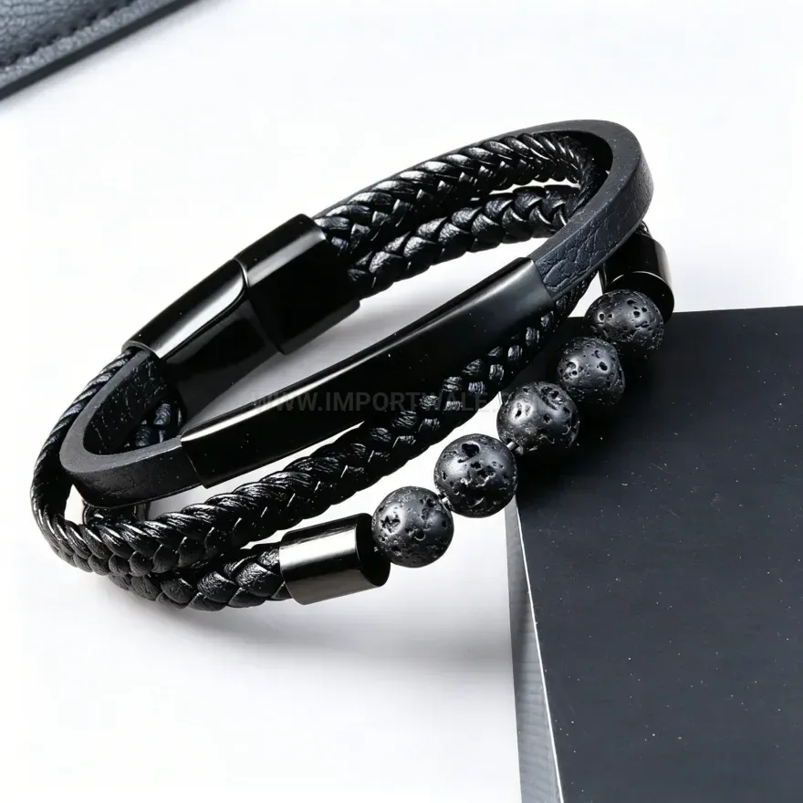 Chic Multi Layer Leather Natural Stone Bead Bracelet With Stainless Steel Accent