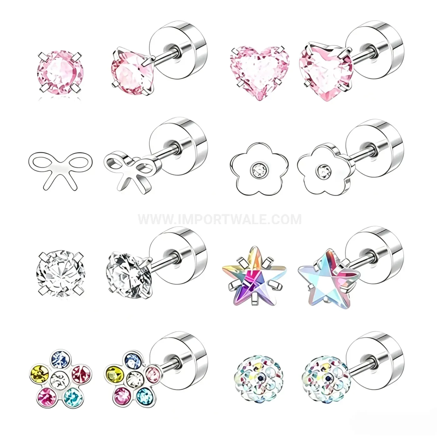 Designer Stainless Steel Multi Shape Flat Back Cartilage Piercing Studs Set
