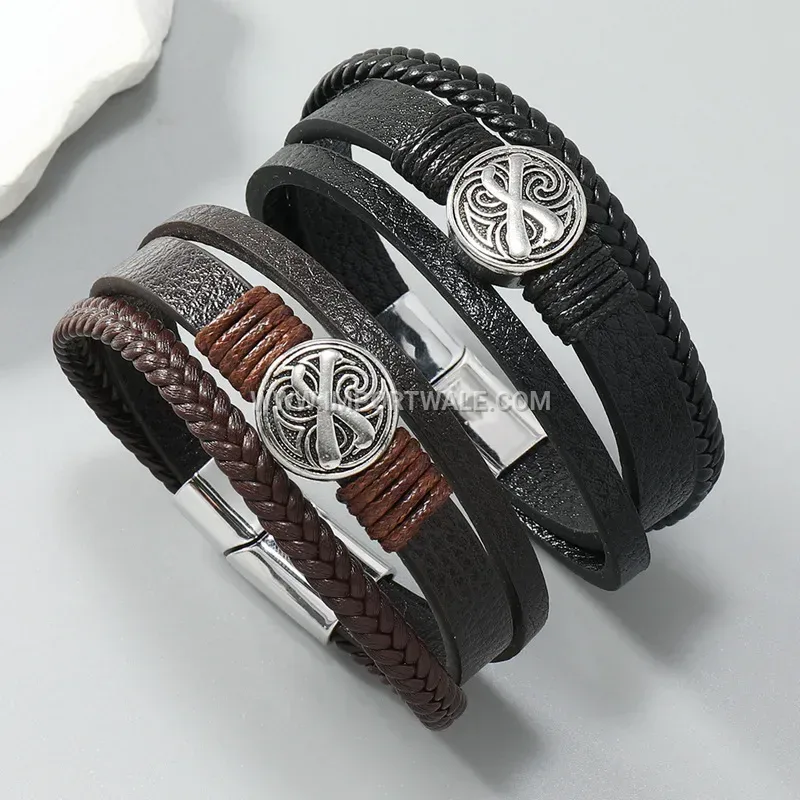 Layered Braided Leather Magnetic Cuff Bracelet for Men