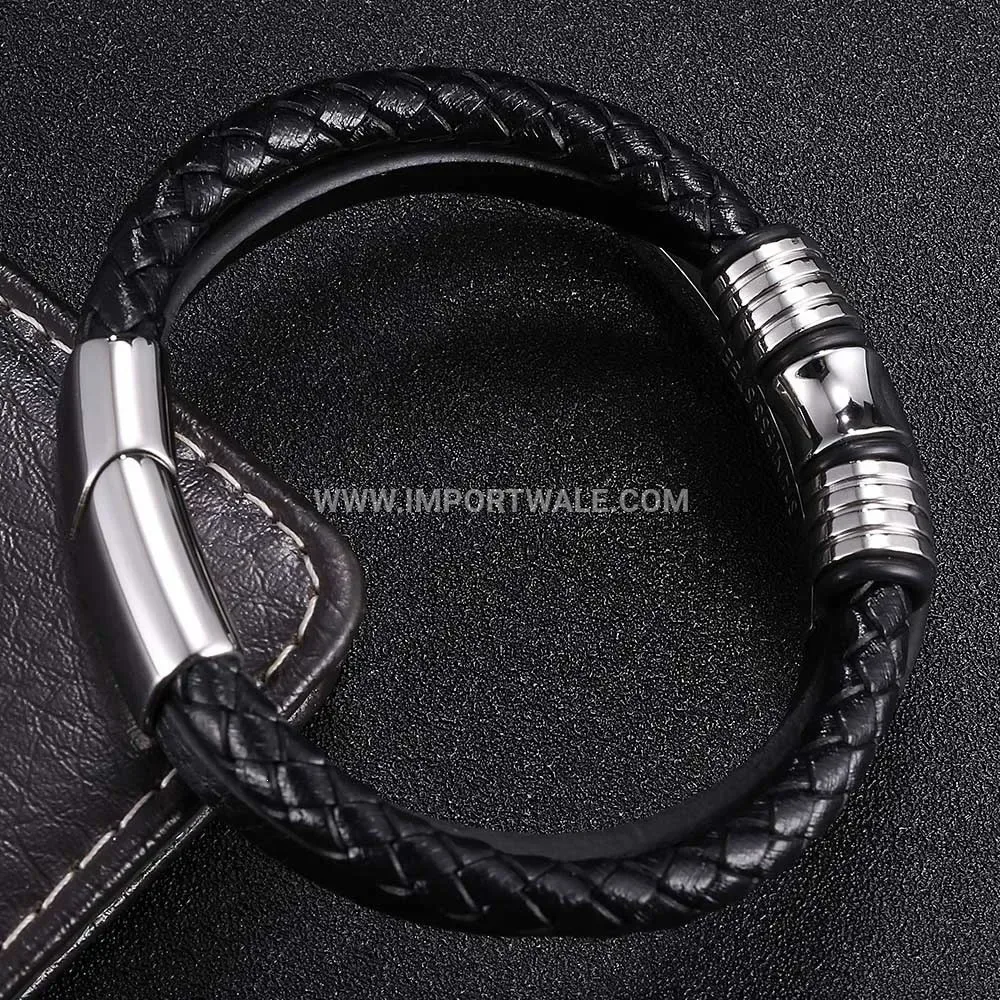 Braided Black Leather Stainless Steel Accent Men Bracelet