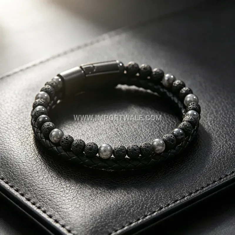 Men Braided Leather and Natural Stone Bracelet with Magnetic Clasp