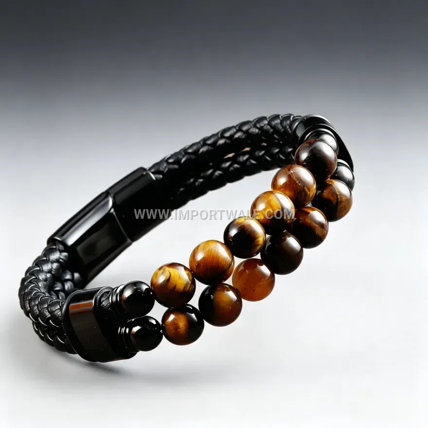Braided Leather Wristband with Tiger Eye Stone and Magnetic Clasp