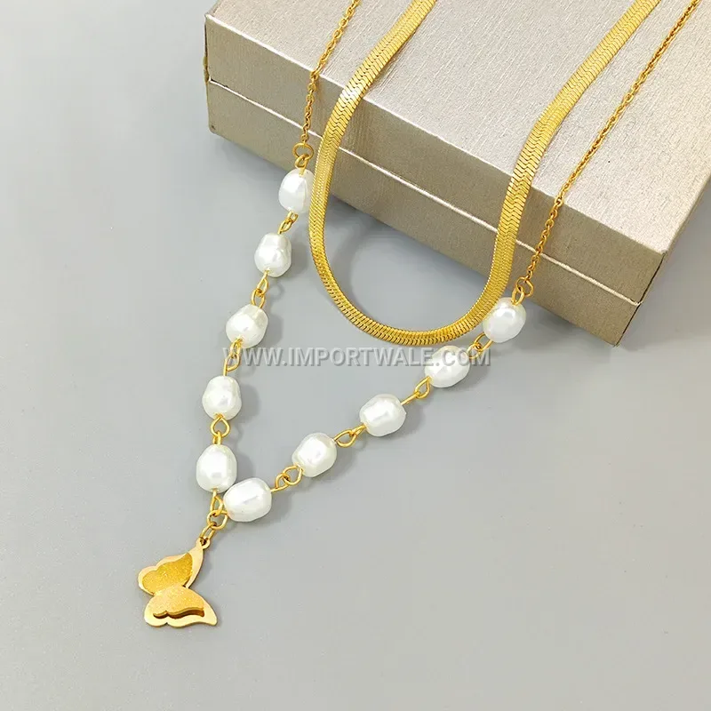 Layered Titanium Steel Butterfly Pearl Choker Necklace