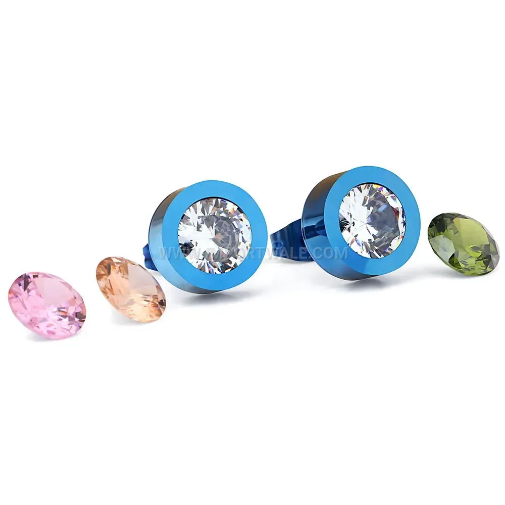 Stainless Steel Detachable Round Stud Earrings with Cubic Zirconia