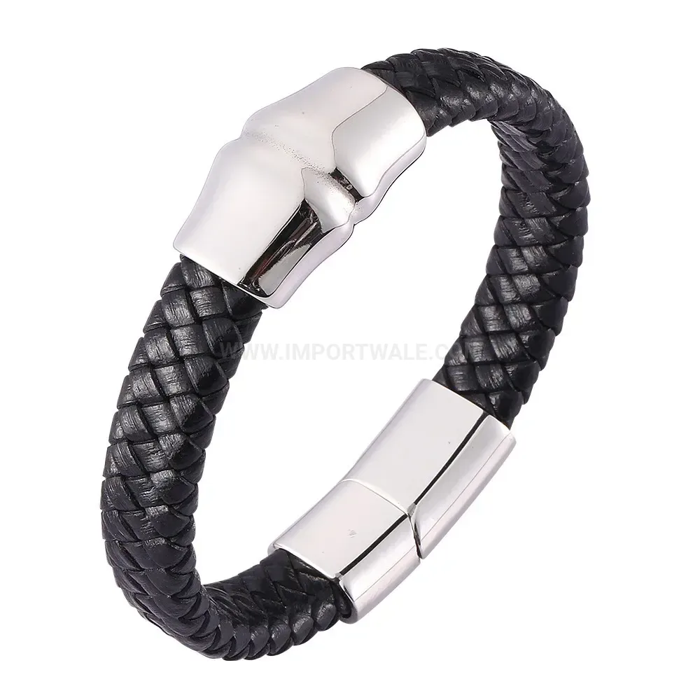 Men's Genuine Leather Bracelet with Stainless Steel Magnetic Clasp
