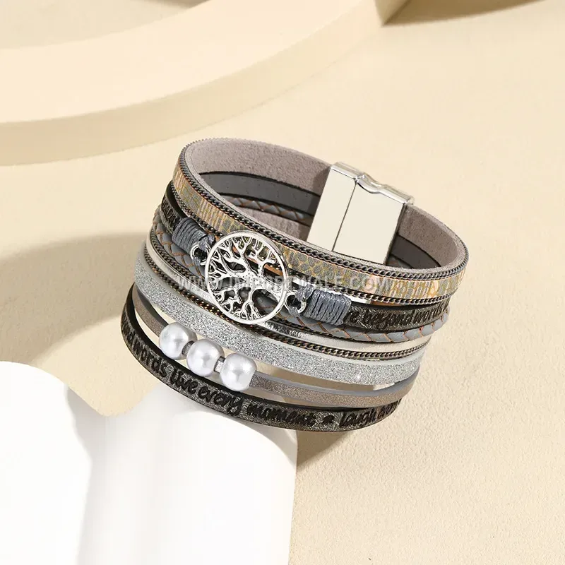 Bohemian Multi-Layer Leather Bracelet with Magnetic Clasp