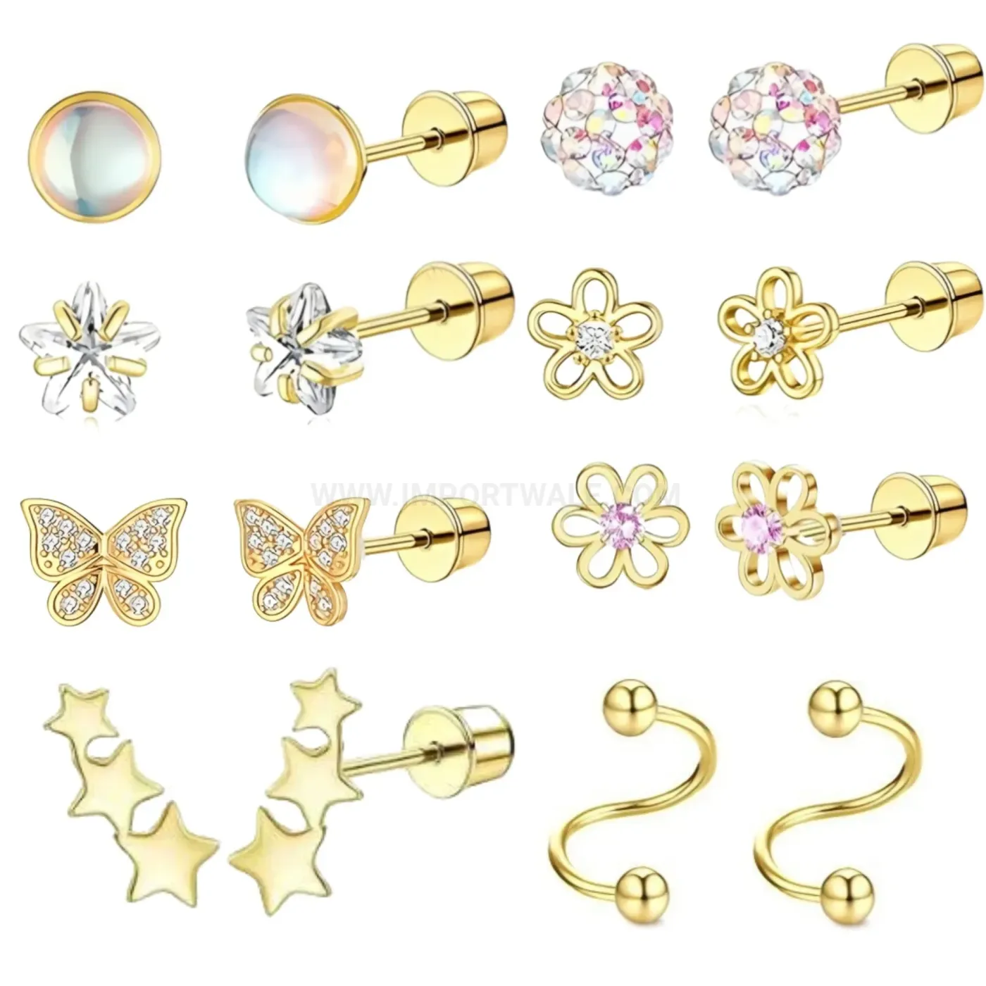 Chic Stainless Steel Floral Butterfly Star Rhinestone Piercing Stud Earring Set