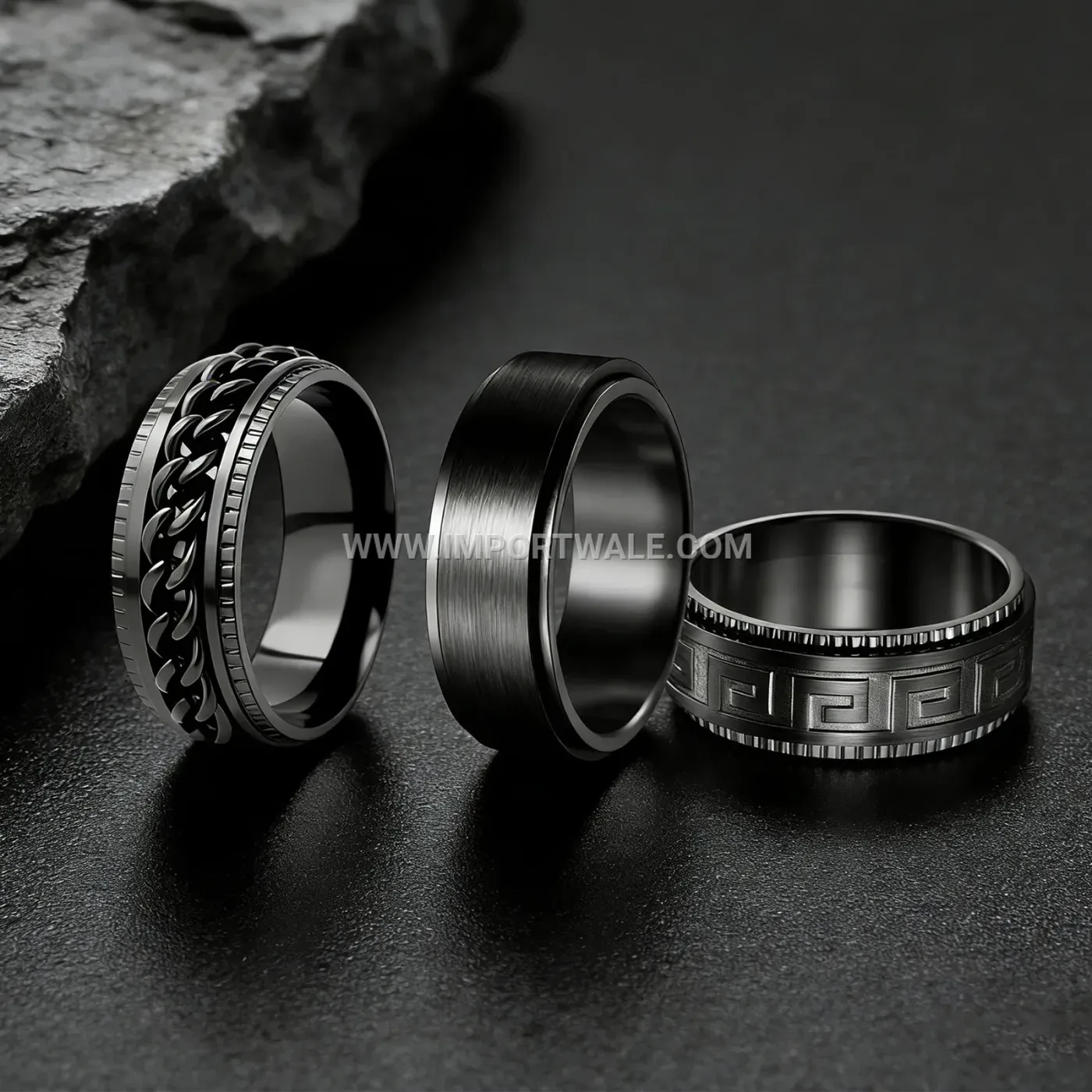 Men's Black Stainless Steel Rotating Chain Spinner Ring Set