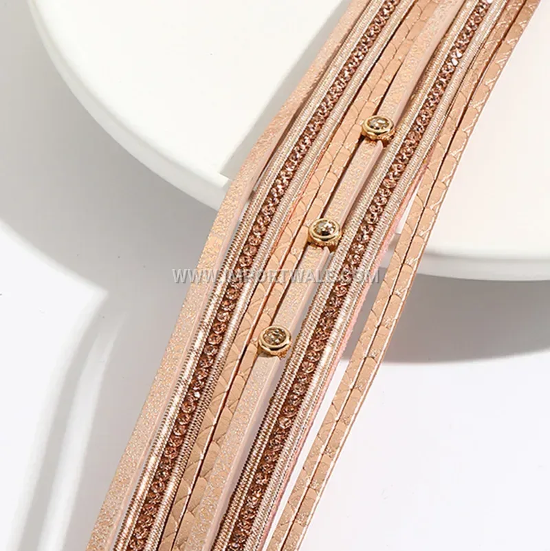Multi-Strand Faux Leather Rhinestone Bracelet With Stainless Steel Magnetic Clasp