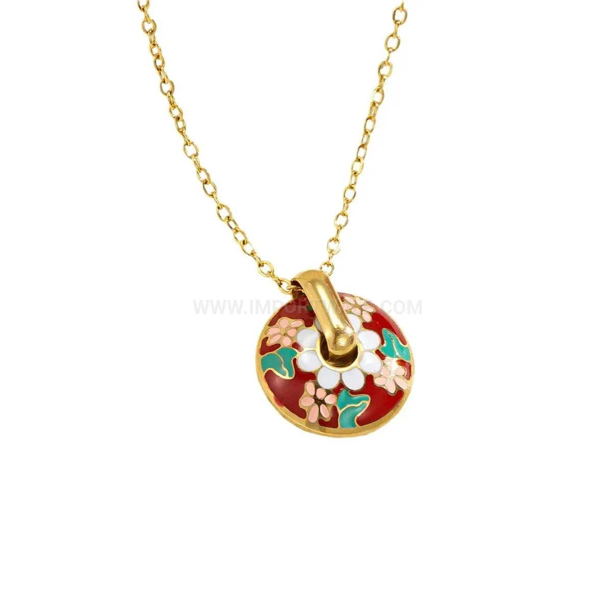 Elegant Vintage Red Flower Green Leaf Enamel Titanium Steel Necklace Set