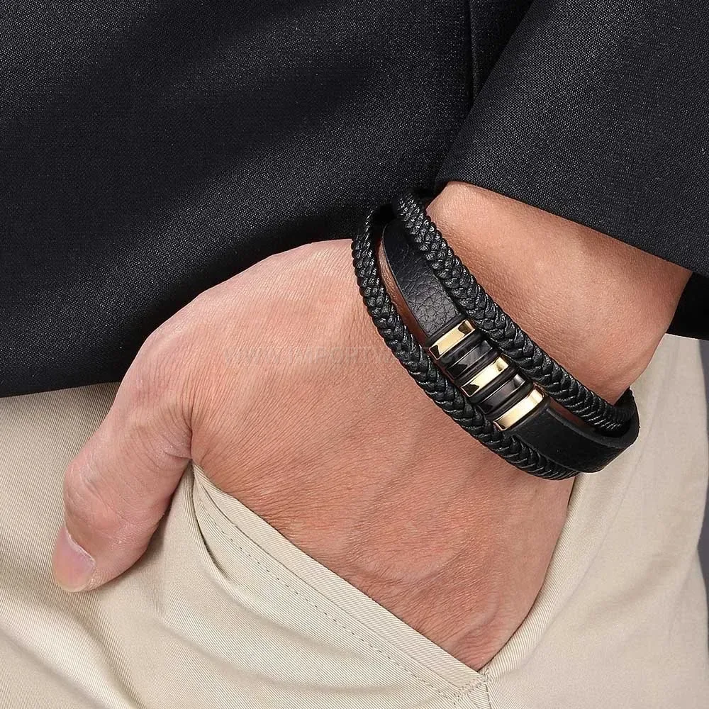 Multi Layer Woven Leather Bracelet with Stainless Steel Clasp
