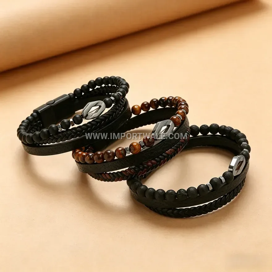 Natural Stone Bead Braided PU Leather Magnetic Bracelet
