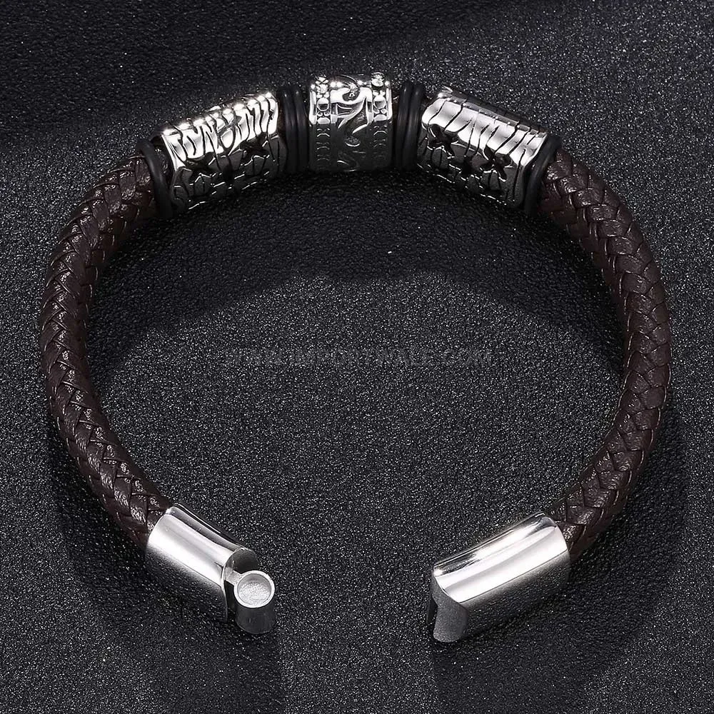 Elegant Men's Geometric Stainless Steel Clasp Braided Leather Bracelet