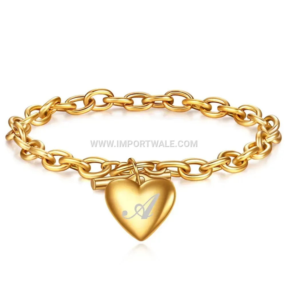 Sleek Stainless Steel Heart Letter Pendant Toggle Bracelet