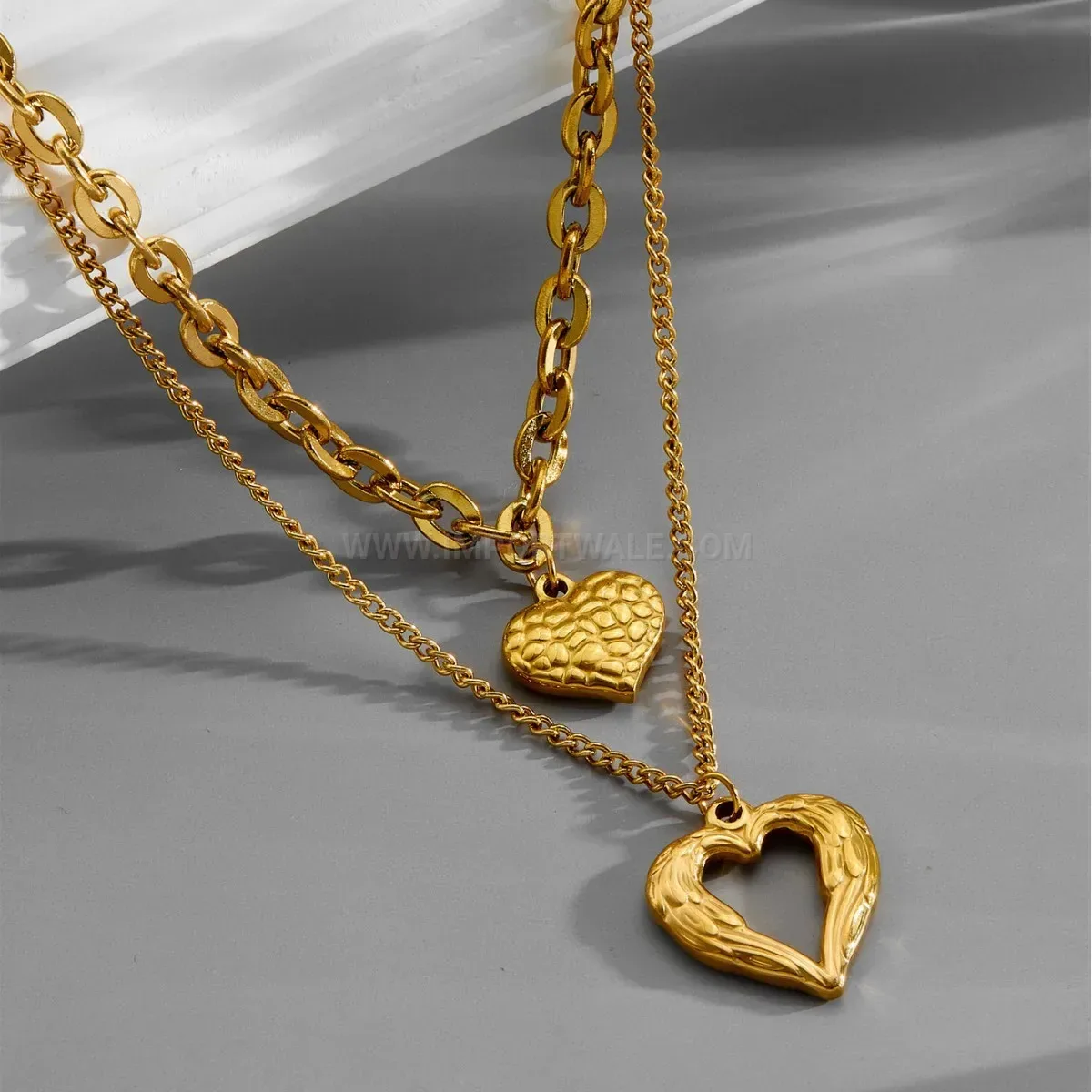 Bold Layered Titanium Steel Curb Chain Textured Heart Necklace