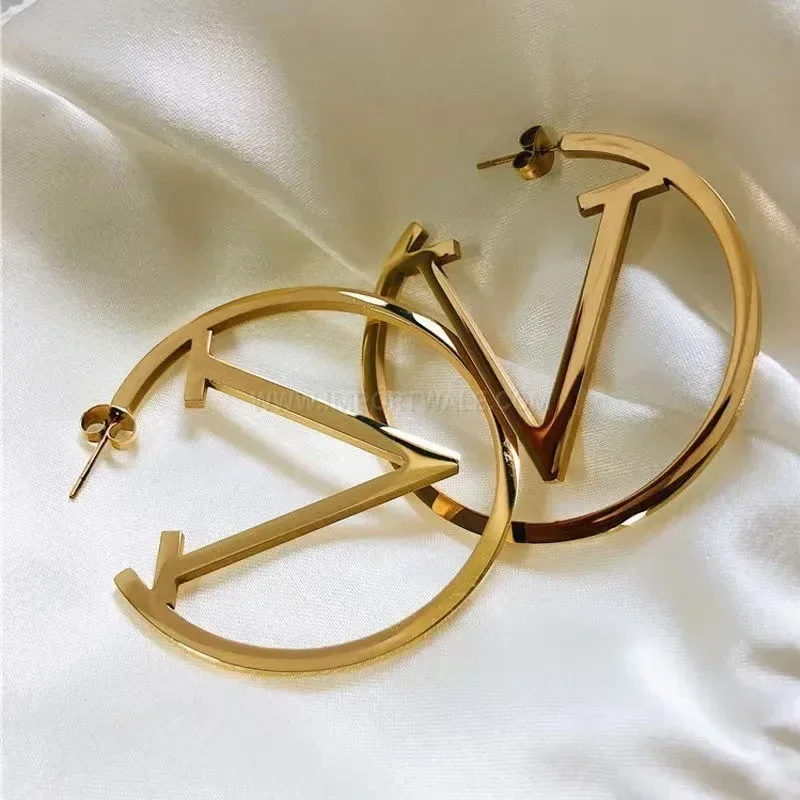 Cutout V Letter Hoop Earrings in Titanium Steel