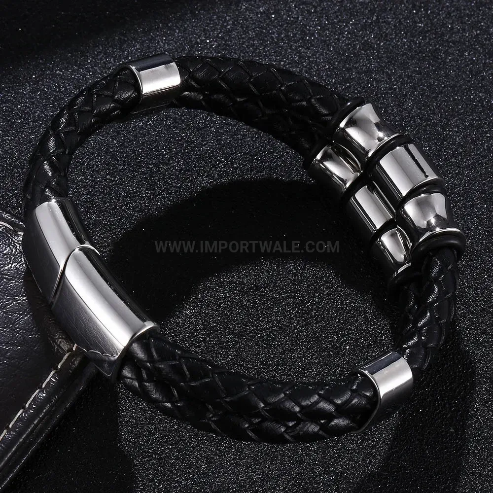Braided Leather Wristband with Stainless Steel Clasp Closure