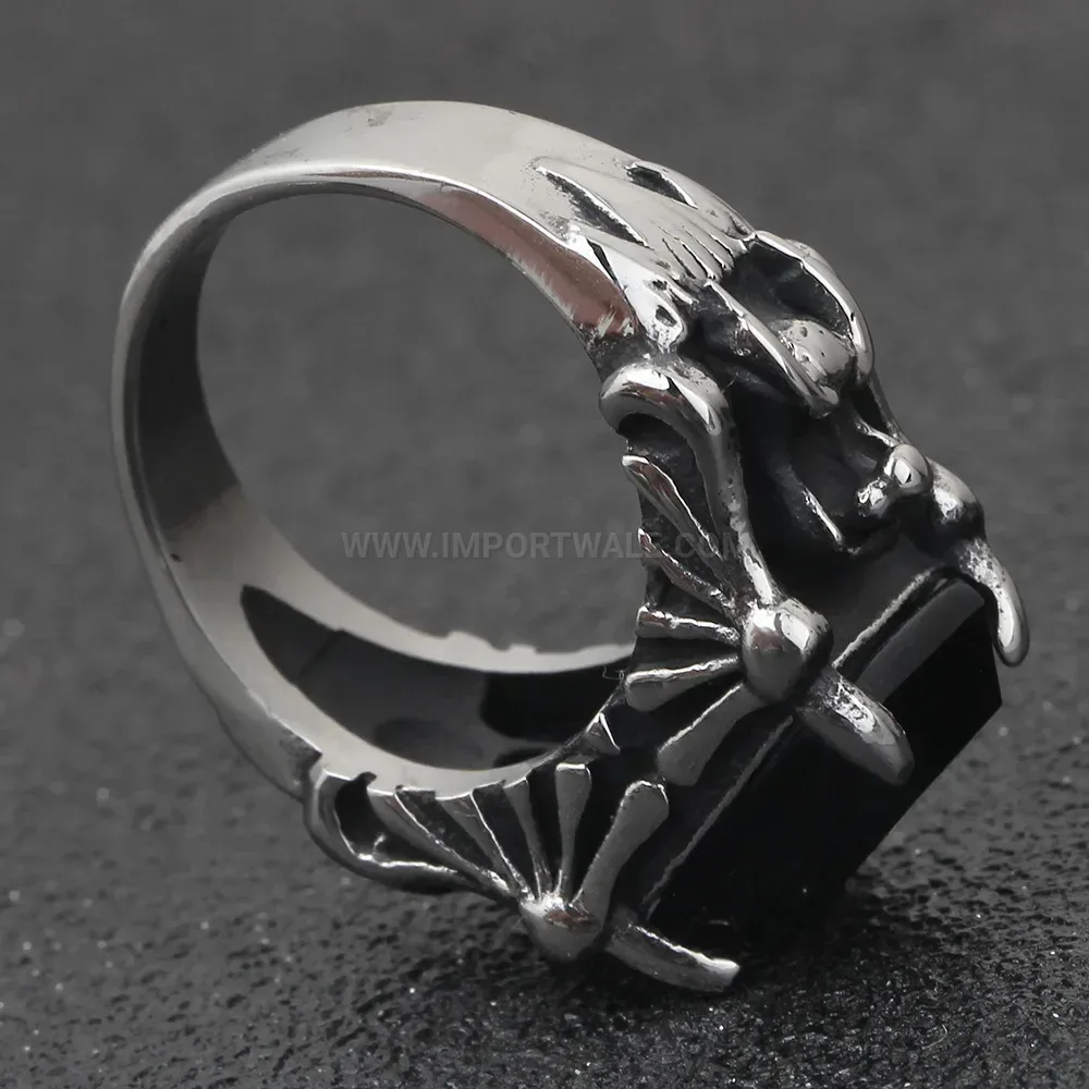Modern Gothic Antique Stainless Steel Ring with Black Glass Stone