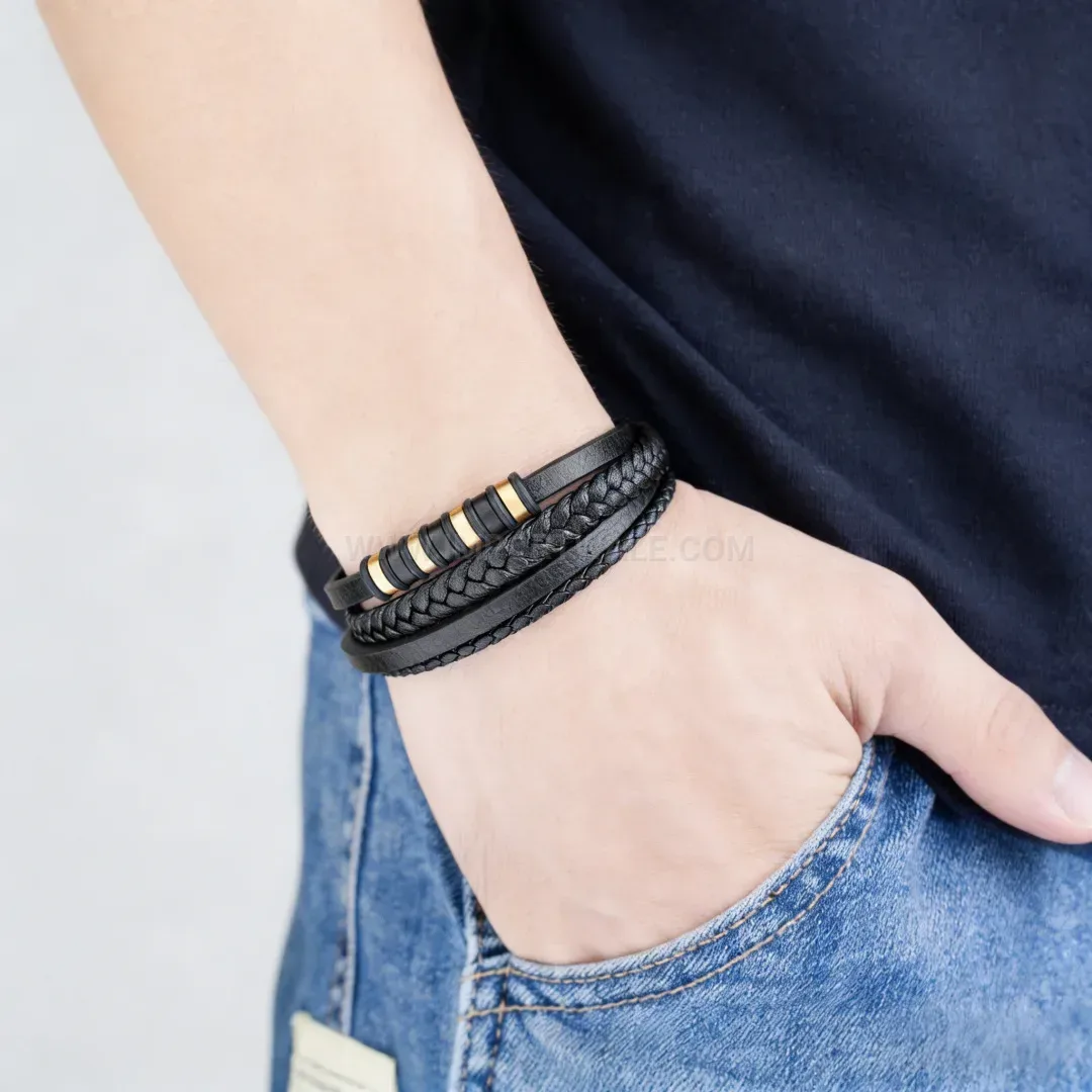 Premium Braided Leather Multi Strand Bracelet with Magnetic Alloy Clasp