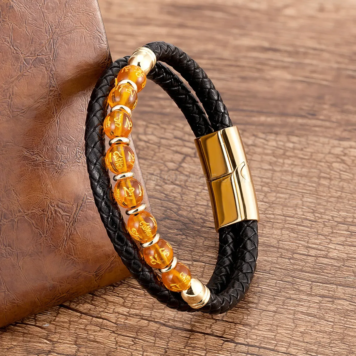 Braided Leather Stone Bead Bracelet with Stainless Steel Clasp