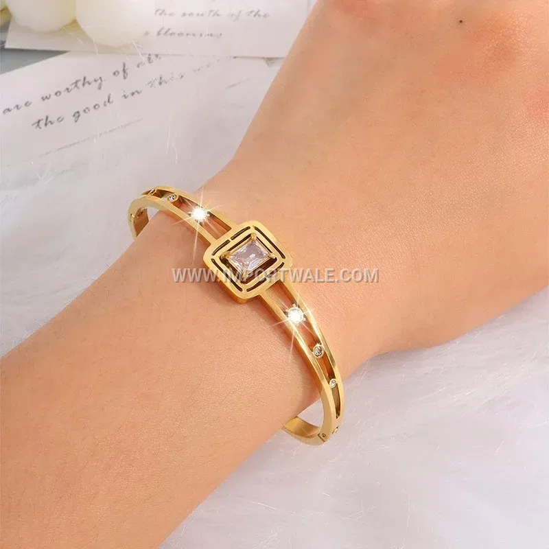 Gold Plated Titanium Steel Square Stone Bangle