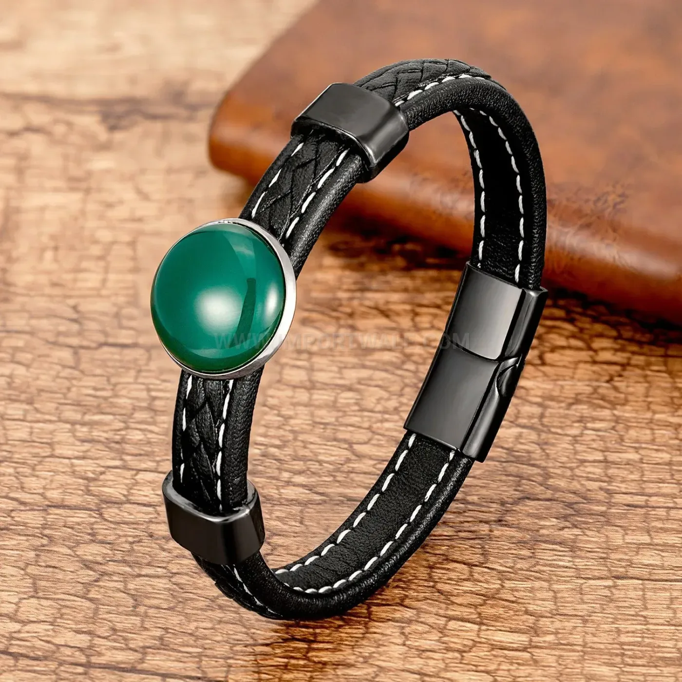 Handcrafted Woven Leather Bracelet with Natural Stone and Stainless Steel Clasp