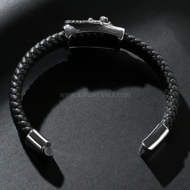 Trendy Beast King Stainless Steel and Leather Men Wristband Bracelet