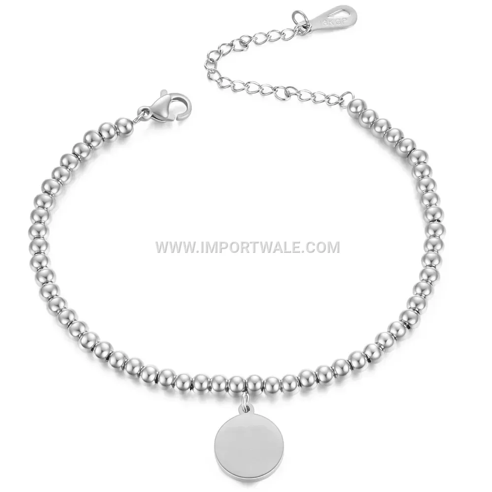 Stainless Steel Beaded Chain Bracelet with Disc Charm Tag
