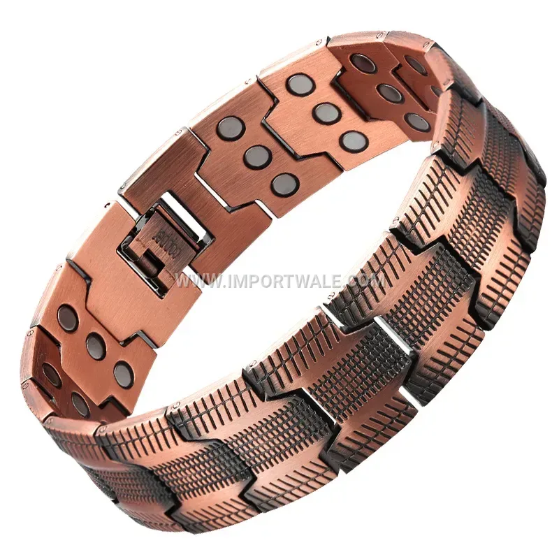 Carved Triple-Row Red Copper Magnetic Men's Bangle Bracelet