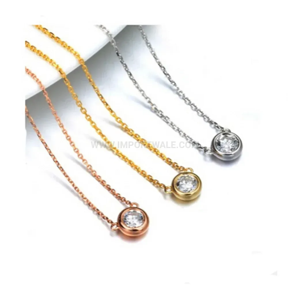 Single Solitaire Rhinestone Titanium Steel Pendant Chain Necklace