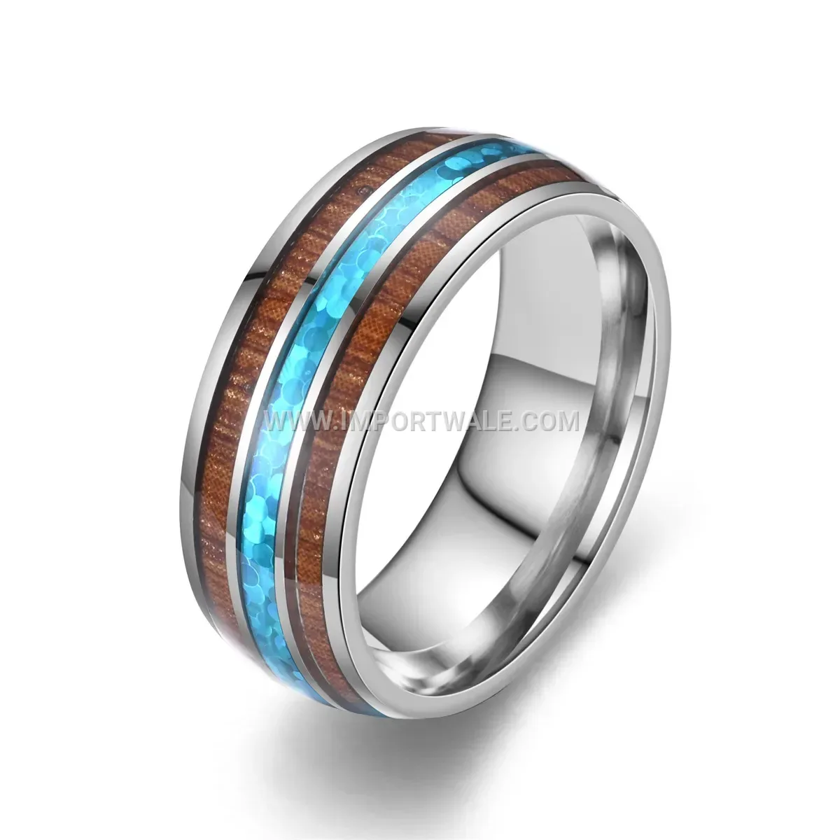 Light Blue Wood Grain Stainless Steel Band Ring