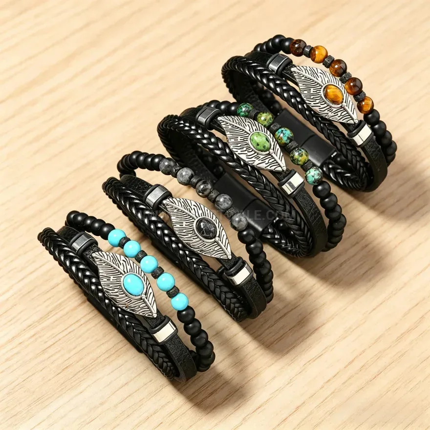 Fashion Feather Turquoise Inlaid PU Leather Bracelet with Magnetic Clasp