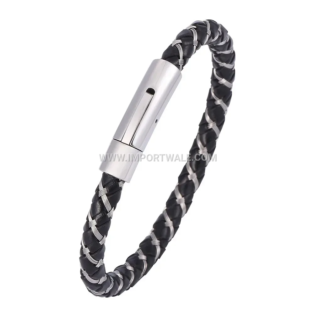 Braided Black Leather Band with Steel Wire Accent Bracelet