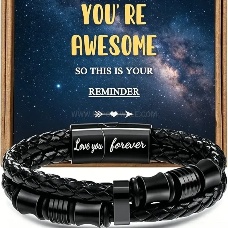 Premium Men Woven Leather Magnetic Bracelet With Engraved Sentiment Card
