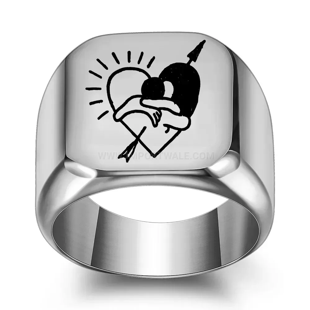 Bold Arrow Heart Engraved Stainless Steel Square Band Ring