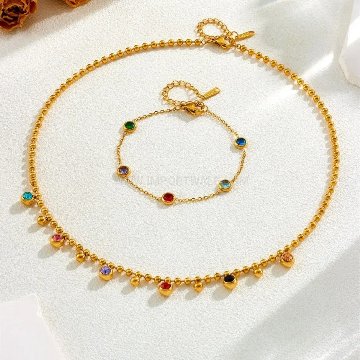 Bold Gold-Plated Titanium Steel Bead Chain Crystal Set