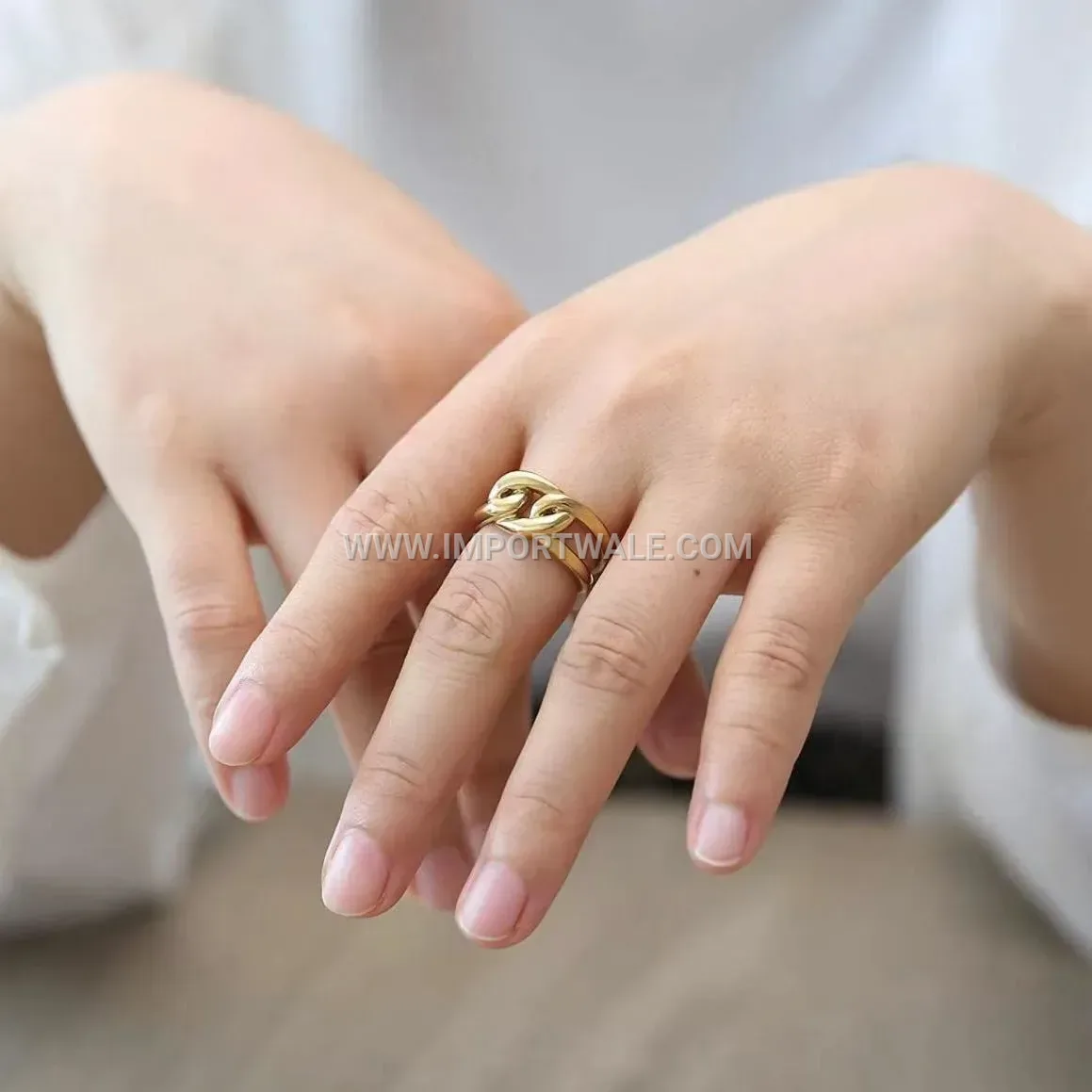 Gold Plated Woven Chain Stainless Steel Ring for Women