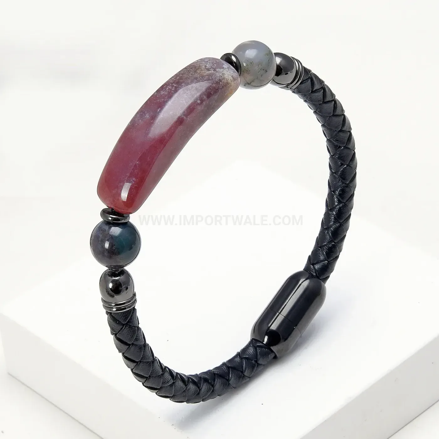 Woven Leather Stone Bracelet with Stainless Steel Clasp